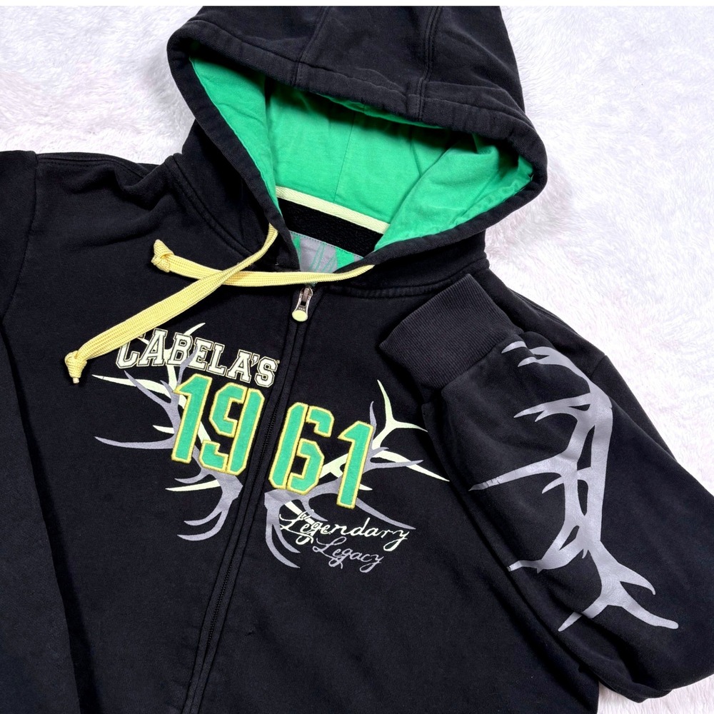 Cabela's Legendary Legacy 1961 Hoodie Men XL Black Antler Graphic Zips Fleece
